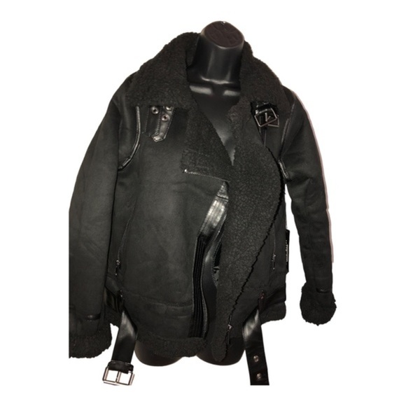 Black moto bomber buckled faux shearling biker jacket coat size small new - Picture 14 of 16
